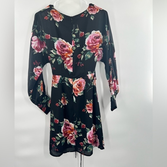 Everly Womens Pink Black Floral Long Sleeve Dress With Lace Up Waist Size S - Picture 9 of 10